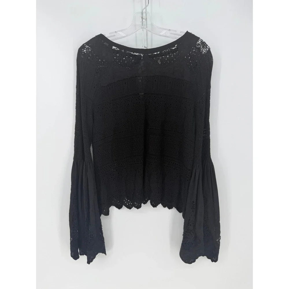 Free People Once Upon A Time Crochet Knit Bell Sleeve S Black Linen Blend Boho